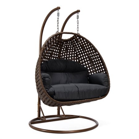LEISUREMOD Mendoza Dark Brown Wicker Hanging 2 person Egg Swing Chair with Dark Grey Cushions MSCDBR-53DGR